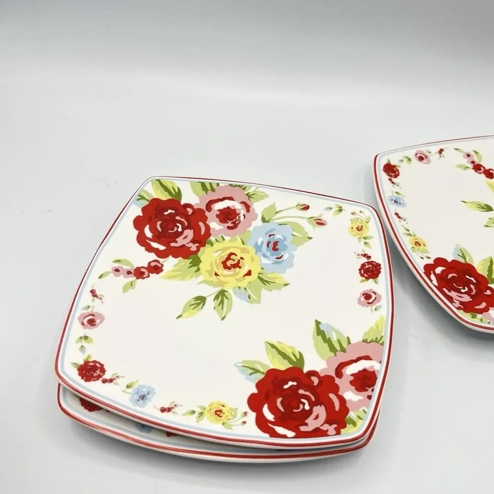 Shabby Chic Roses Small 6” Plates Square Appetizer Set of 3 Country Cottage